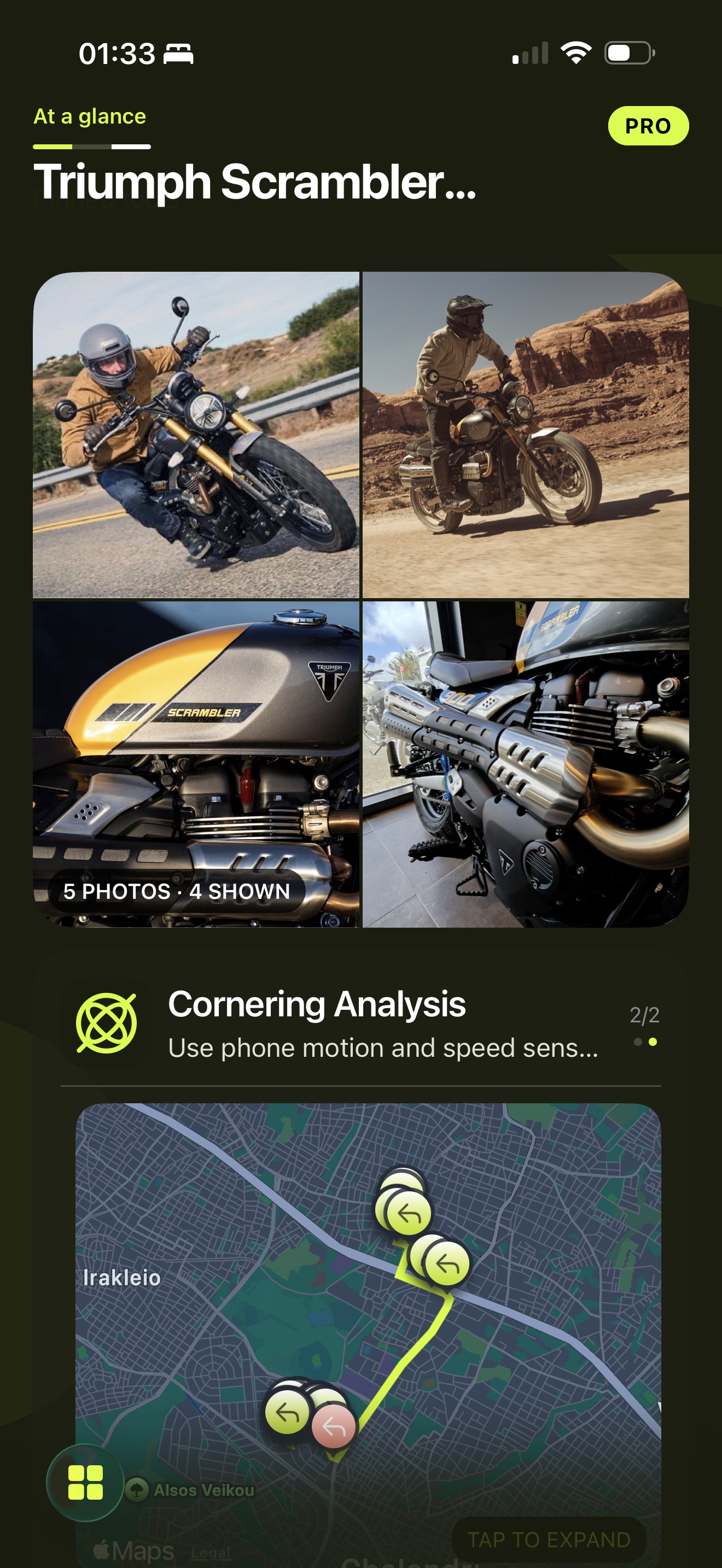 BikeLab Triumph Scrambler dashboard with saved ride results