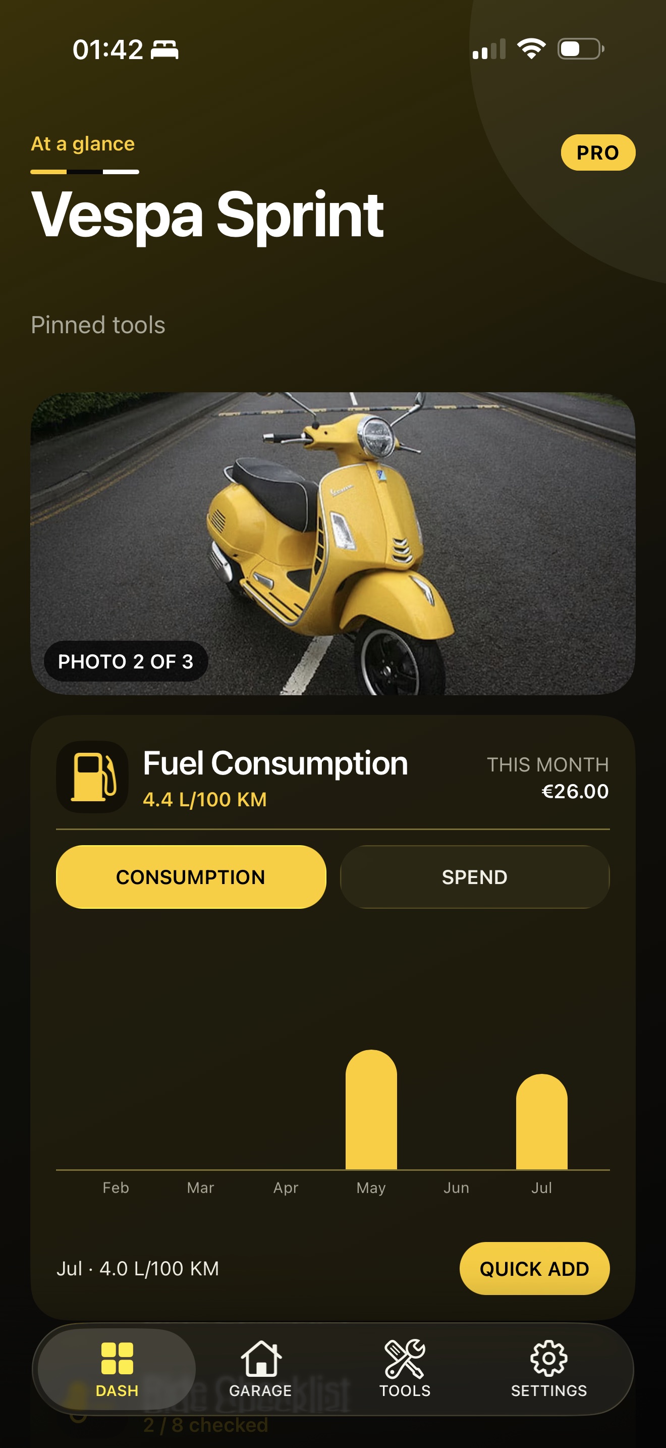 BikeLab Vespa dashboard with a large fuel widget
