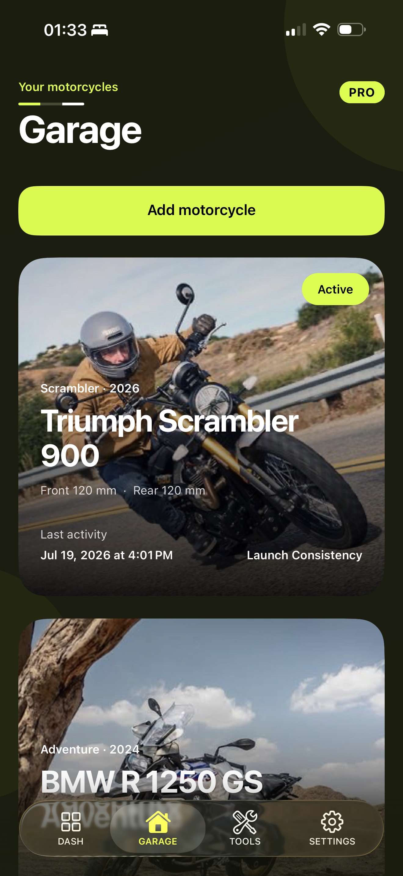 BikeLab Garage showing saved motorcycles